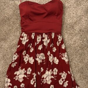 Empyre Strapless Dress in Red with White Floral Design